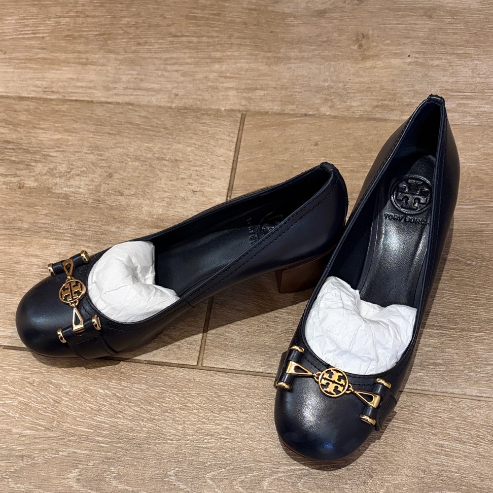 Tory Burch Black Leather Block Heel with Gold Accents